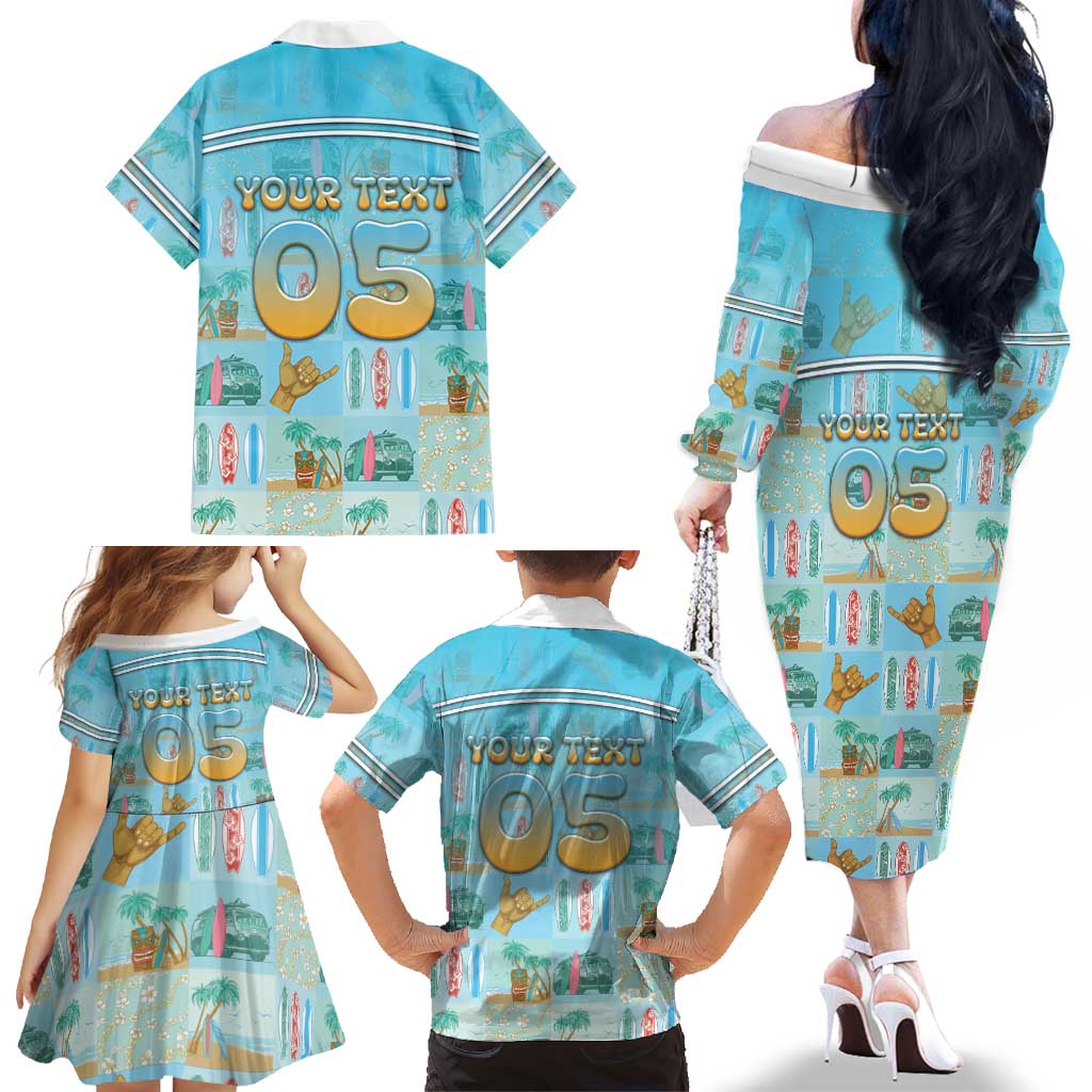Custom Hawaii Surfing Family Matching Off The Shoulder Long Sleeve Dress and Hawaiian Shirt He'e Nalu