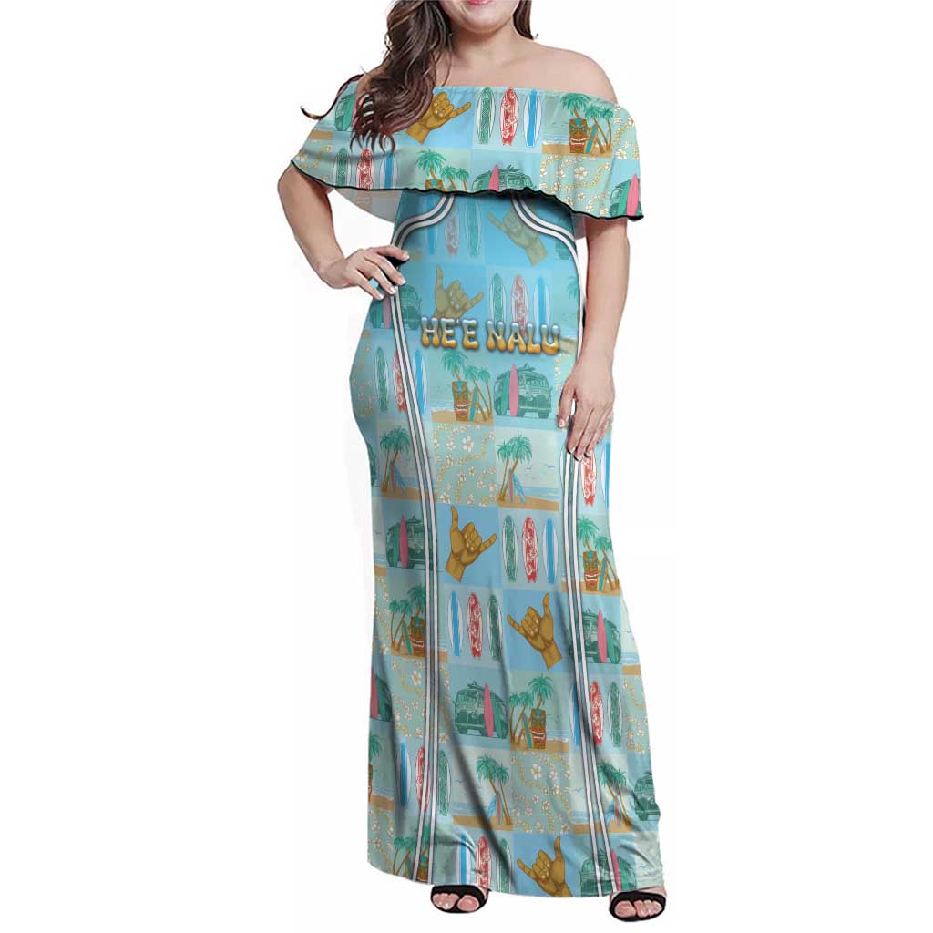 Custom Hawaii Surfing Family Matching Off Shoulder Maxi Dress and Hawaiian Shirt He'e Nalu DT05 Mom's Dress Blue - Polynesian Pride