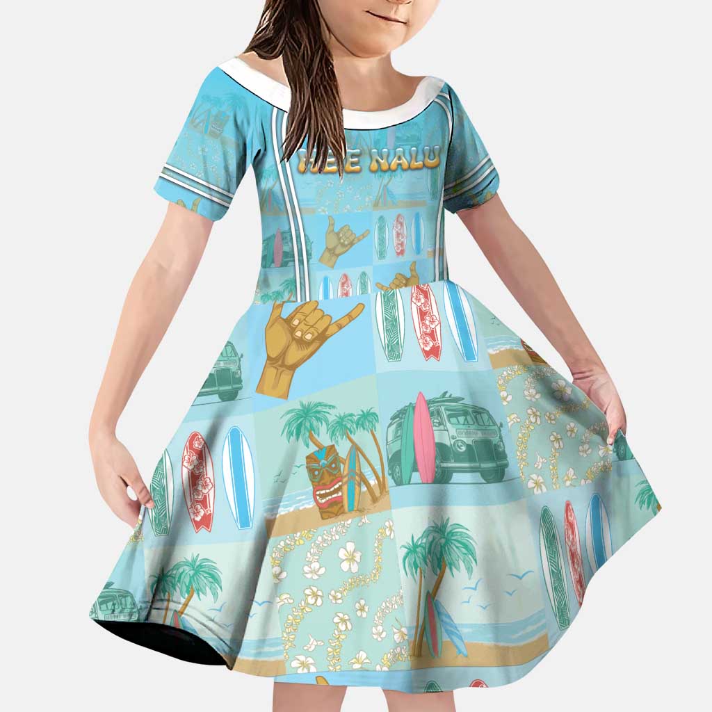 Custom Hawaii Surfing Family Matching Off Shoulder Short Dress and Hawaiian Shirt He'e Nalu DT05 Daughter's Dress Blue - Polynesian Pride