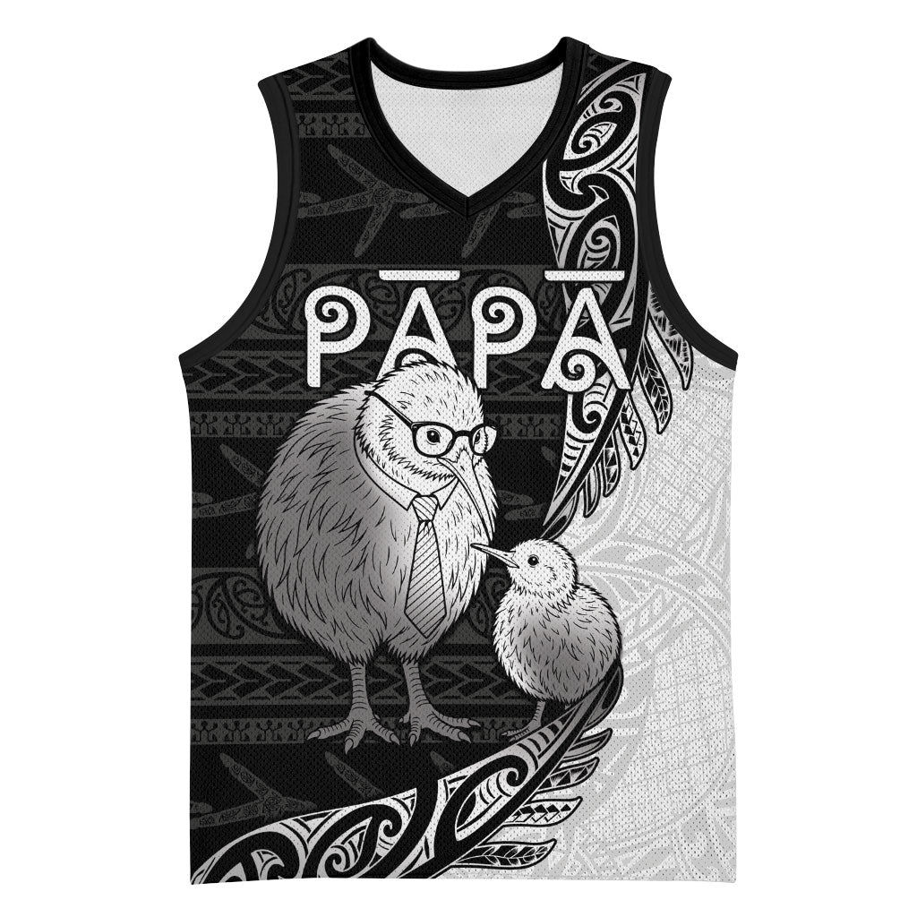 Personalised New Zealand Father's Day Basketball Jersey Papa Kiwi Bird Tribal Pattern DT05 Unisex Black - Polynesian Pride