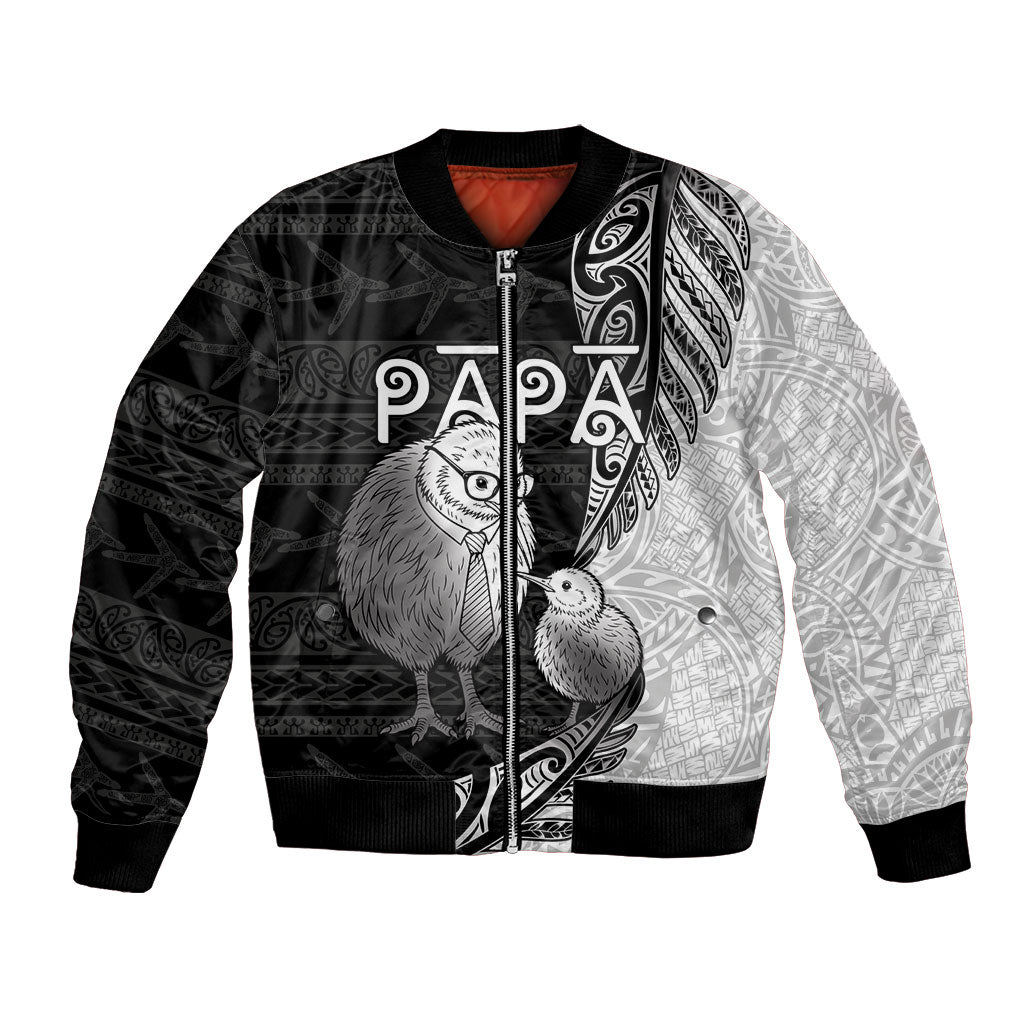 Personalised New Zealand Father's Day Bomber Jacket Papa Kiwi Bird Tribal Pattern DT05 Unisex Black - Polynesian Pride