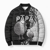 Personalised New Zealand Father's Day Bomber Puffer Jacket Papa Kiwi Bird Tribal Pattern DT05 Unisex Black - Polynesian Pride