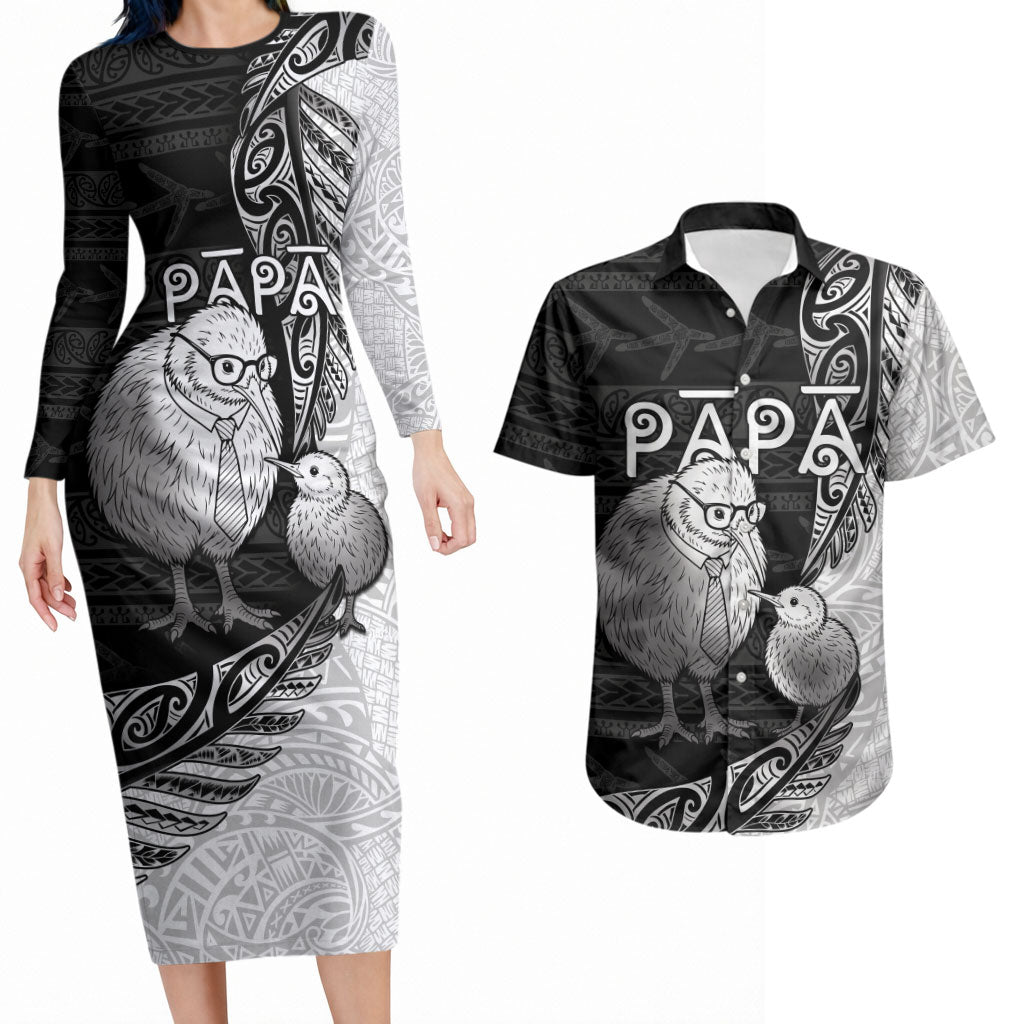 Personalised New Zealand Father's Day Couples Matching Long Sleeve Bodycon Dress and Hawaiian Shirt Papa Kiwi Bird Tribal Pattern DT05 Black - Polynesian Pride