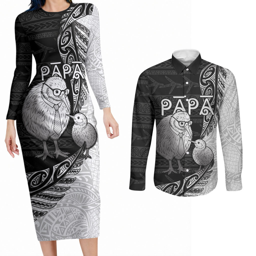 Personalised New Zealand Father's Day Couples Matching Long Sleeve Bodycon Dress and Long Sleeve Button Shirt Papa Kiwi Bird Tribal Pattern DT05 Black - Polynesian Pride