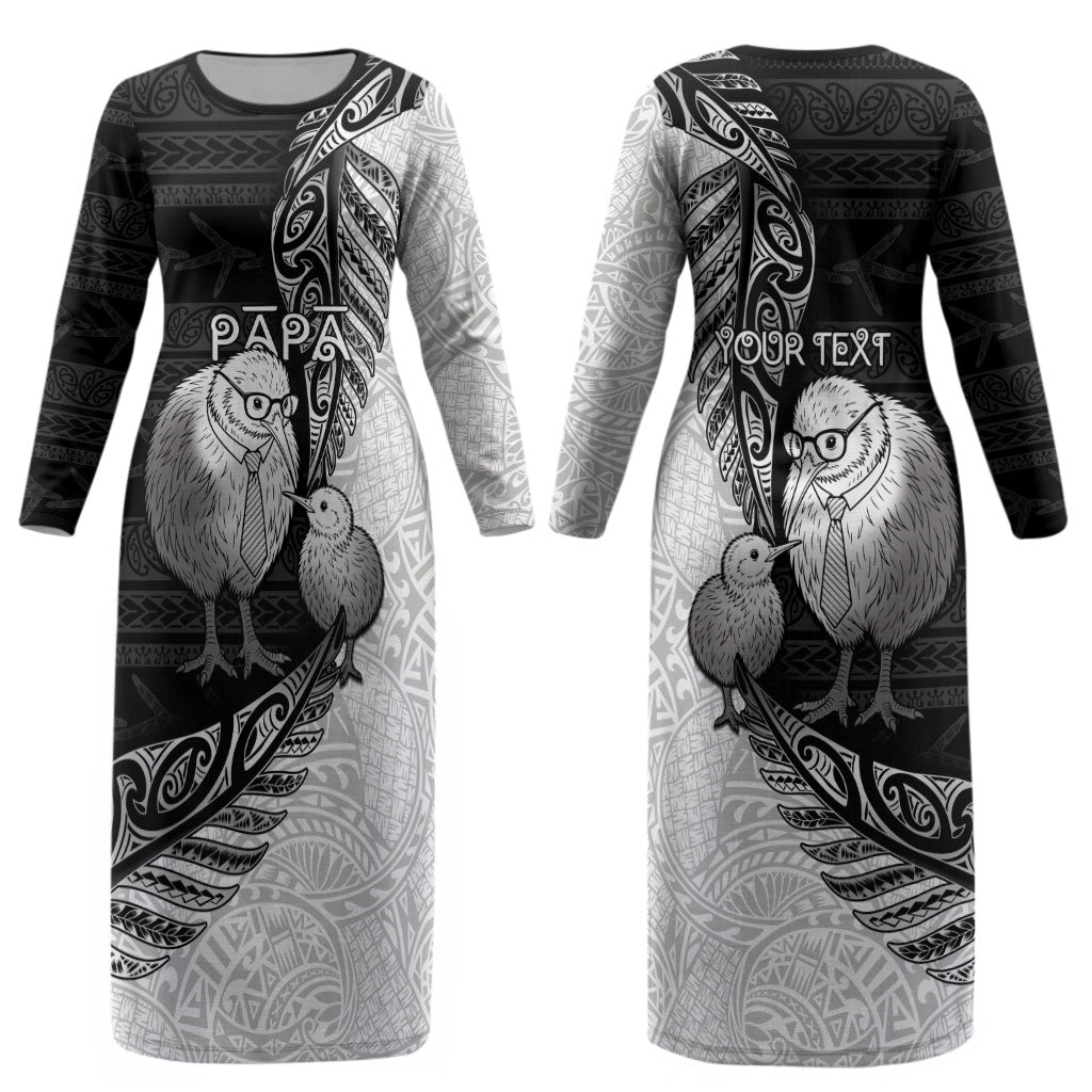 Personalised New Zealand Father's Day Couples Matching Long Sleeve Bodycon Dress and Long Sleeve Button Shirt Papa Kiwi Bird Tribal Pattern DT05 - Polynesian Pride