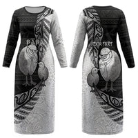Personalised New Zealand Father's Day Couples Matching Long Sleeve Bodycon Dress and Long Sleeve Button Shirt Papa Kiwi Bird Tribal Pattern DT05 - Polynesian Pride