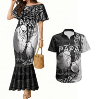 Personalised New Zealand Father's Day Couples Matching Mermaid Dress and Hawaiian Shirt Papa Kiwi Bird Tribal Pattern DT05 Black - Polynesian Pride