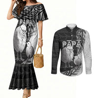 Personalised New Zealand Father's Day Couples Matching Mermaid Dress and Long Sleeve Button Shirt Papa Kiwi Bird Tribal Pattern DT05 Black - Polynesian Pride