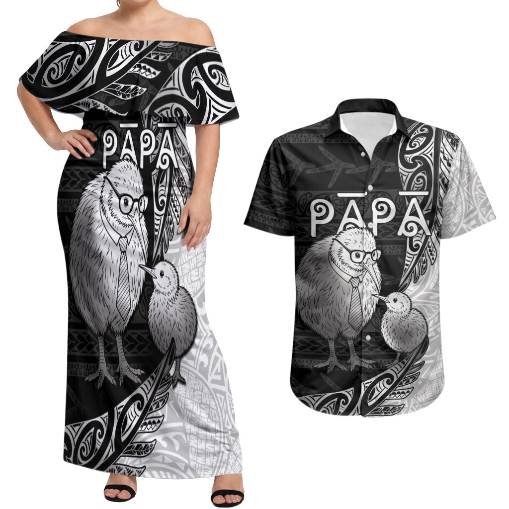 Personalised New Zealand Father's Day Couples Matching Off Shoulder Maxi Dress and Hawaiian Shirt Papa Kiwi Bird Tribal Pattern DT05 Black - Polynesian Pride