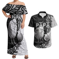 Personalised New Zealand Father's Day Couples Matching Off Shoulder Maxi Dress and Hawaiian Shirt Papa Kiwi Bird Tribal Pattern DT05 Black - Polynesian Pride