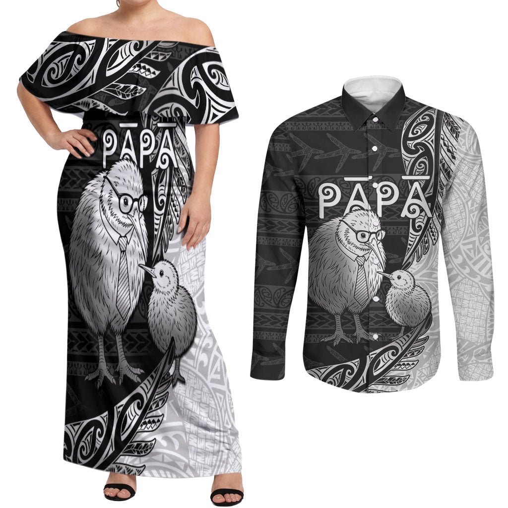 Personalised New Zealand Father's Day Couples Matching Off Shoulder Maxi Dress and Long Sleeve Button Shirt Papa Kiwi Bird Tribal Pattern DT05 Black - Polynesian Pride