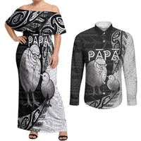 Personalised New Zealand Father's Day Couples Matching Off Shoulder Maxi Dress and Long Sleeve Button Shirt Papa Kiwi Bird Tribal Pattern DT05 Black - Polynesian Pride