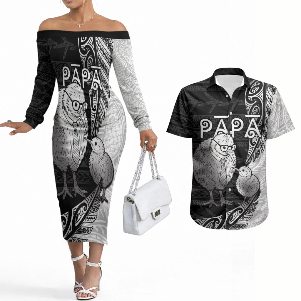 Personalised New Zealand Father's Day Couples Matching Off The Shoulder Long Sleeve Dress and Hawaiian Shirt Papa Kiwi Bird Tribal Pattern DT05 Black - Polynesian Pride