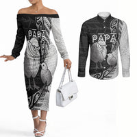 Personalised New Zealand Father's Day Couples Matching Off The Shoulder Long Sleeve Dress and Long Sleeve Button Shirt Papa Kiwi Bird Tribal Pattern DT05 Black - Polynesian Pride