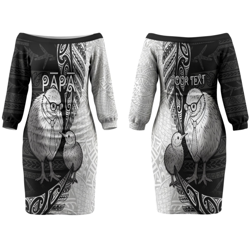 Personalised New Zealand Father's Day Couples Matching Off The Shoulder Long Sleeve Dress and Long Sleeve Button Shirt Papa Kiwi Bird Tribal Pattern DT05 - Polynesian Pride