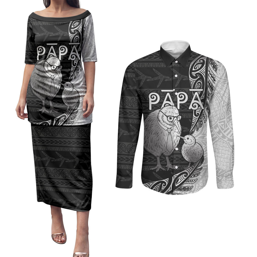 Personalised New Zealand Father's Day Couples Matching Puletasi and Long Sleeve Button Shirt Papa Kiwi Bird Tribal Pattern DT05 Black - Polynesian Pride