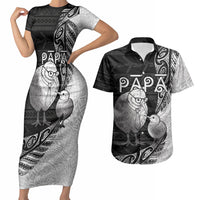 Personalised New Zealand Father's Day Couples Matching Short Sleeve Bodycon Dress and Hawaiian Shirt Papa Kiwi Bird Tribal Pattern DT05 Black - Polynesian Pride