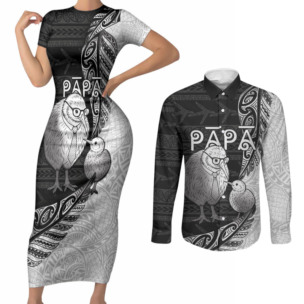 Personalised New Zealand Father's Day Couples Matching Short Sleeve Bodycon Dress and Long Sleeve Button Shirt Papa Kiwi Bird Tribal Pattern DT05 Black - Polynesian Pride