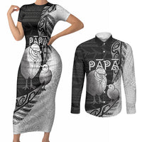 Personalised New Zealand Father's Day Couples Matching Short Sleeve Bodycon Dress and Long Sleeve Button Shirt Papa Kiwi Bird Tribal Pattern DT05 Black - Polynesian Pride