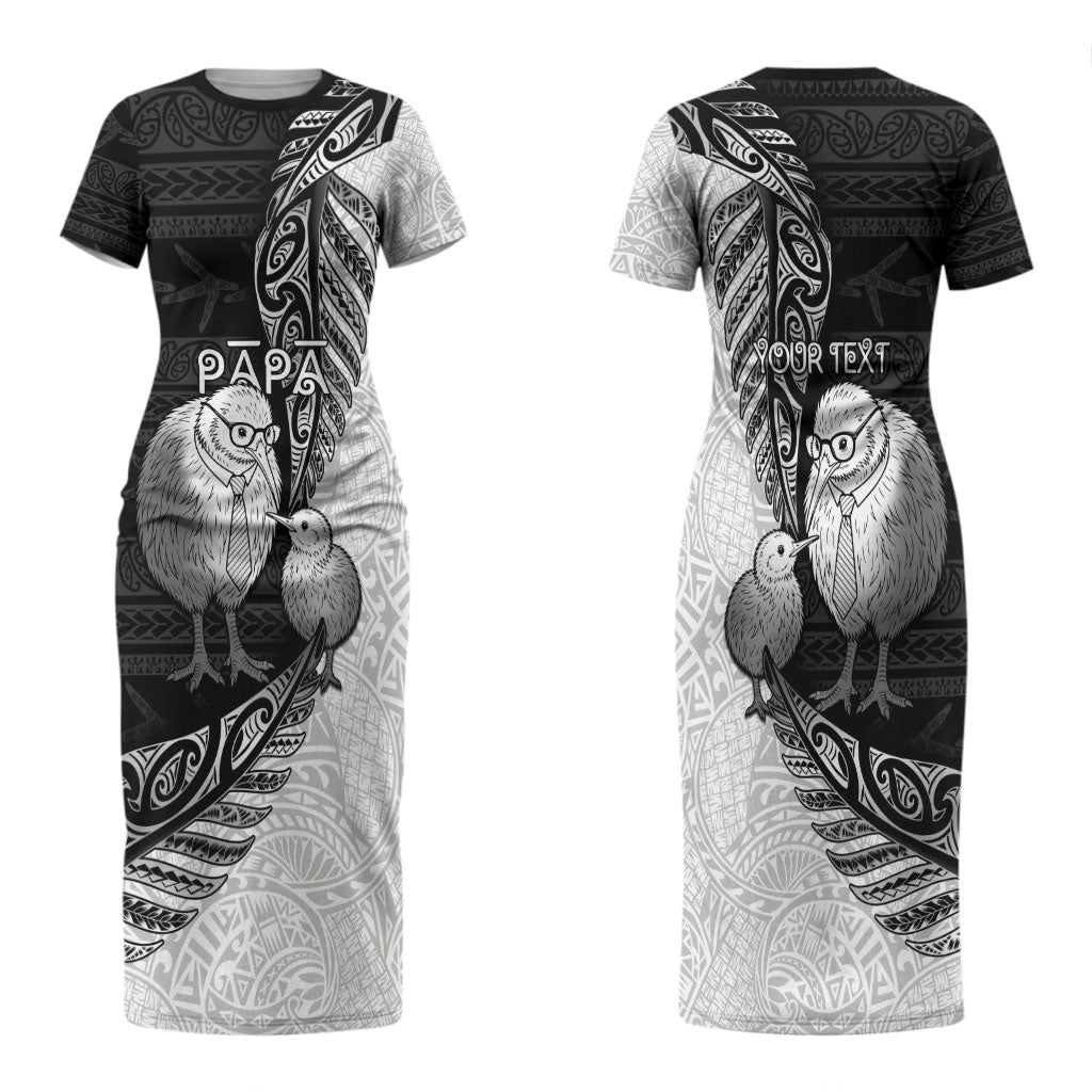 Personalised New Zealand Father's Day Couples Matching Short Sleeve Bodycon Dress and Long Sleeve Button Shirt Papa Kiwi Bird Tribal Pattern DT05 - Polynesian Pride