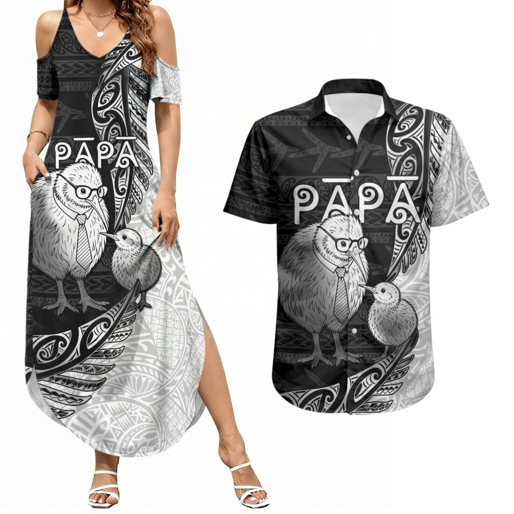 Personalised New Zealand Father's Day Couples Matching Summer Maxi Dress and Hawaiian Shirt Papa Kiwi Bird Tribal Pattern DT05 Black - Polynesian Pride
