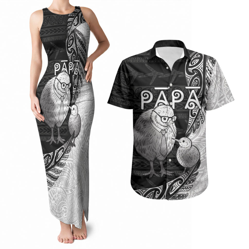Personalised New Zealand Father's Day Couples Matching Tank Maxi Dress and Hawaiian Shirt Papa Kiwi Bird Tribal Pattern DT05 Black - Polynesian Pride