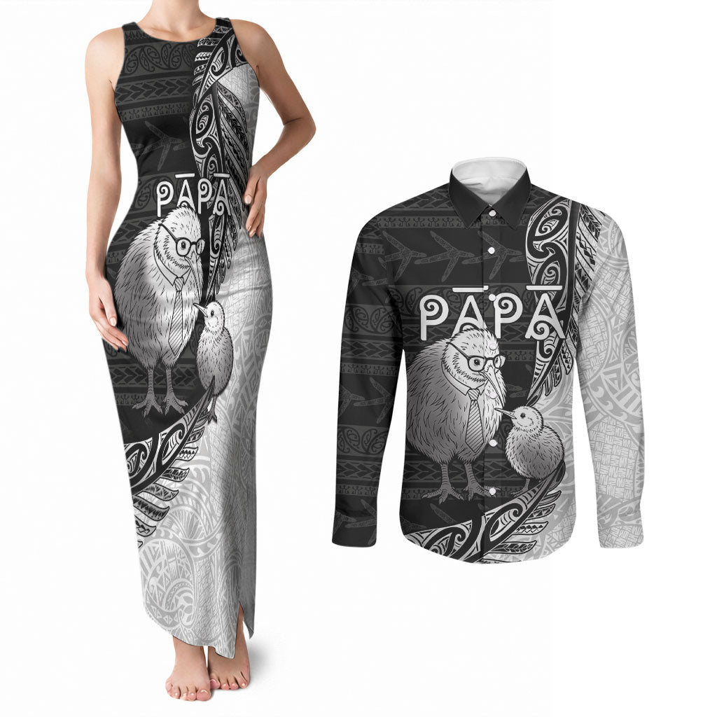 Personalised New Zealand Father's Day Couples Matching Tank Maxi Dress and Long Sleeve Button Shirt Papa Kiwi Bird Tribal Pattern DT05 Black - Polynesian Pride