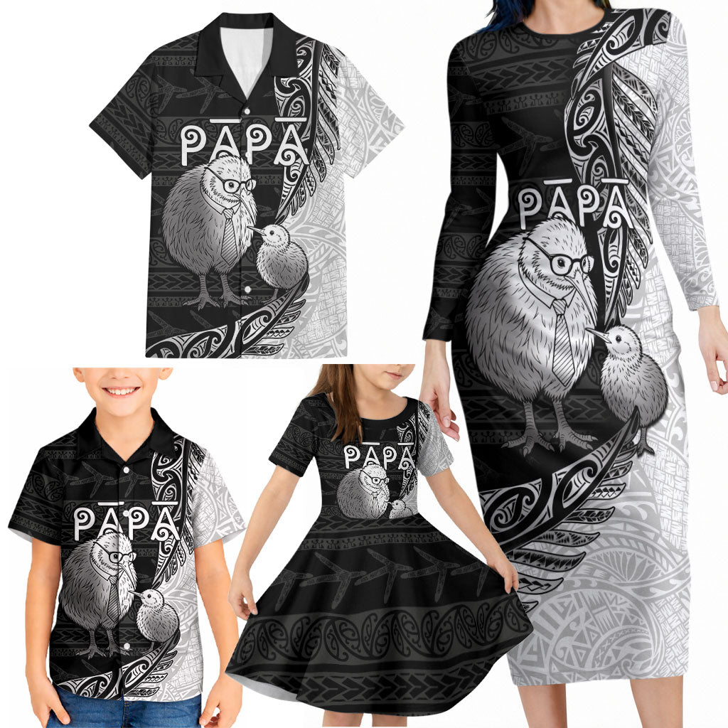 Personalised New Zealand Father's Day Family Matching Long Sleeve Bodycon Dress and Hawaiian Shirt Papa Kiwi Bird Tribal Pattern DT05 - Polynesian Pride