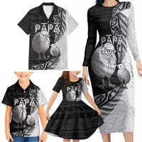 Personalised New Zealand Father's Day Family Matching Long Sleeve Bodycon Dress and Hawaiian Shirt Papa Kiwi Bird Tribal Pattern DT05 - Polynesian Pride