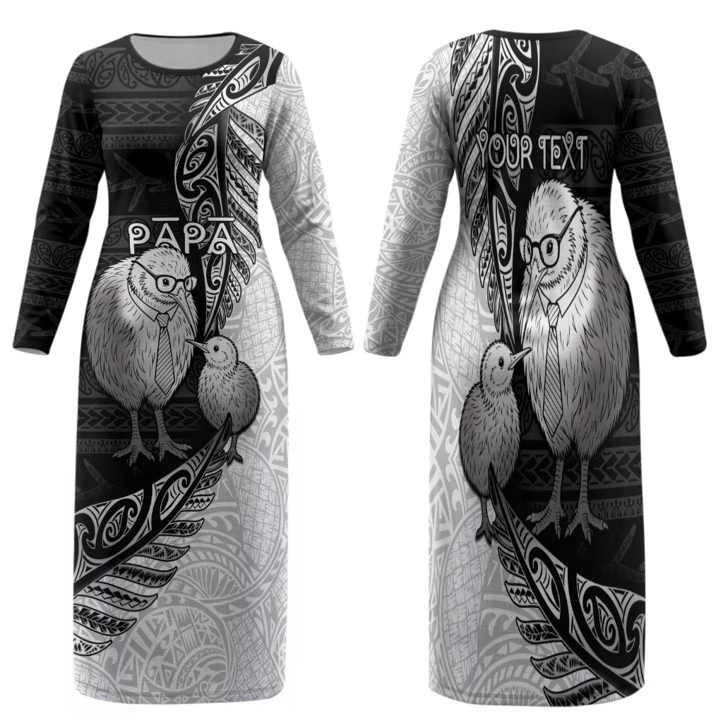 Personalised New Zealand Father's Day Family Matching Long Sleeve Bodycon Dress and Hawaiian Shirt Papa Kiwi Bird Tribal Pattern DT05 Mom's Dress Black - Polynesian Pride