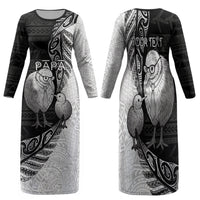 Personalised New Zealand Father's Day Family Matching Long Sleeve Bodycon Dress and Hawaiian Shirt Papa Kiwi Bird Tribal Pattern DT05 Mom's Dress Black - Polynesian Pride
