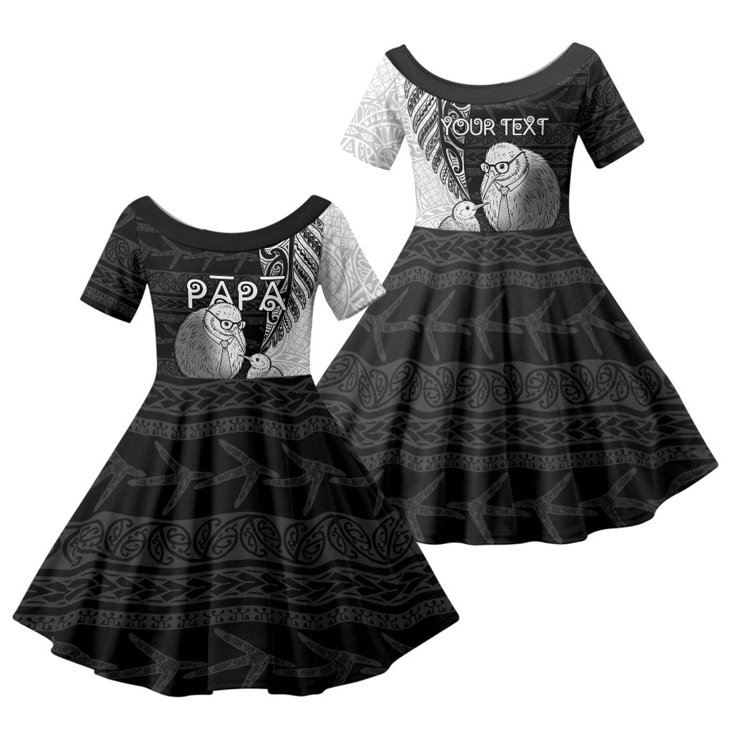 Personalised New Zealand Father's Day Family Matching Long Sleeve Bodycon Dress and Hawaiian Shirt Papa Kiwi Bird Tribal Pattern DT05 Daughter's Dress Black - Polynesian Pride