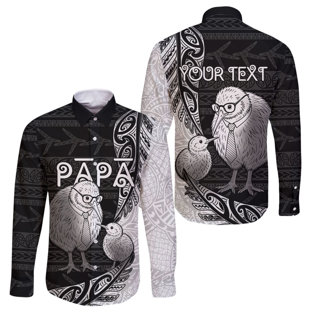 Personalised New Zealand Father's Day Family Matching Mermaid Dress and Hawaiian Shirt Papa Kiwi Bird Tribal Pattern DT05 Dad's Shirt - Long Sleeve Black - Polynesian Pride