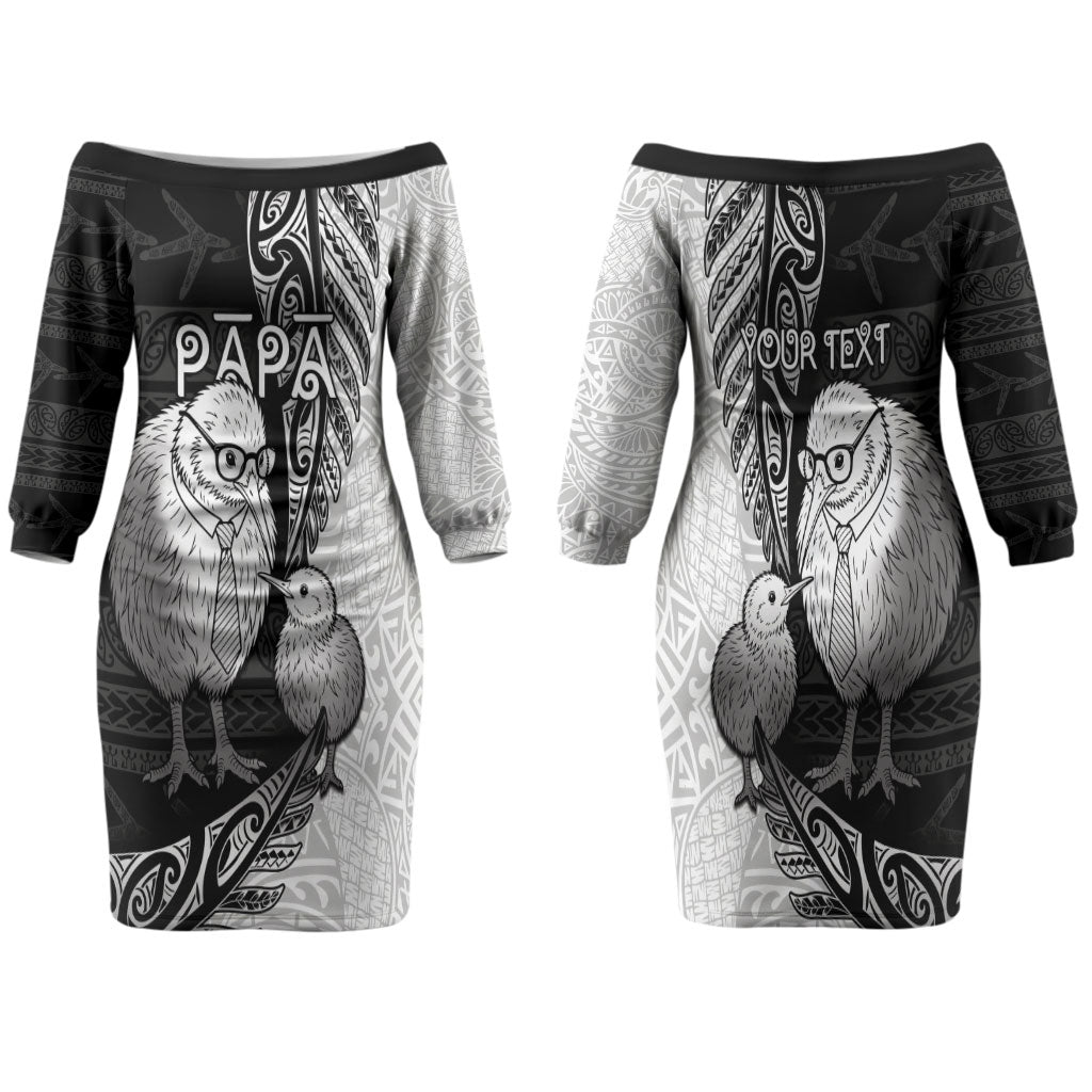 Personalised New Zealand Father's Day Family Matching Off The Shoulder Long Sleeve Dress and Hawaiian Shirt Papa Kiwi Bird Tribal Pattern DT05 Mom's Dress Black - Polynesian Pride