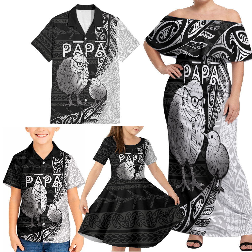 Personalised New Zealand Father's Day Family Matching Off Shoulder Maxi Dress and Hawaiian Shirt Papa Kiwi Bird Tribal Pattern DT05 - Polynesian Pride