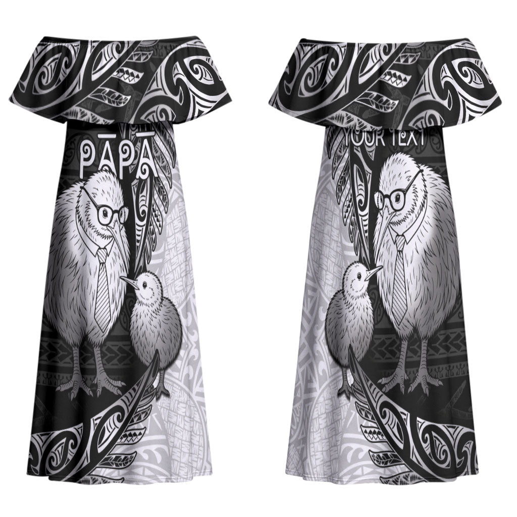Personalised New Zealand Father's Day Family Matching Off Shoulder Maxi Dress and Hawaiian Shirt Papa Kiwi Bird Tribal Pattern DT05 Mom's Dress Black - Polynesian Pride