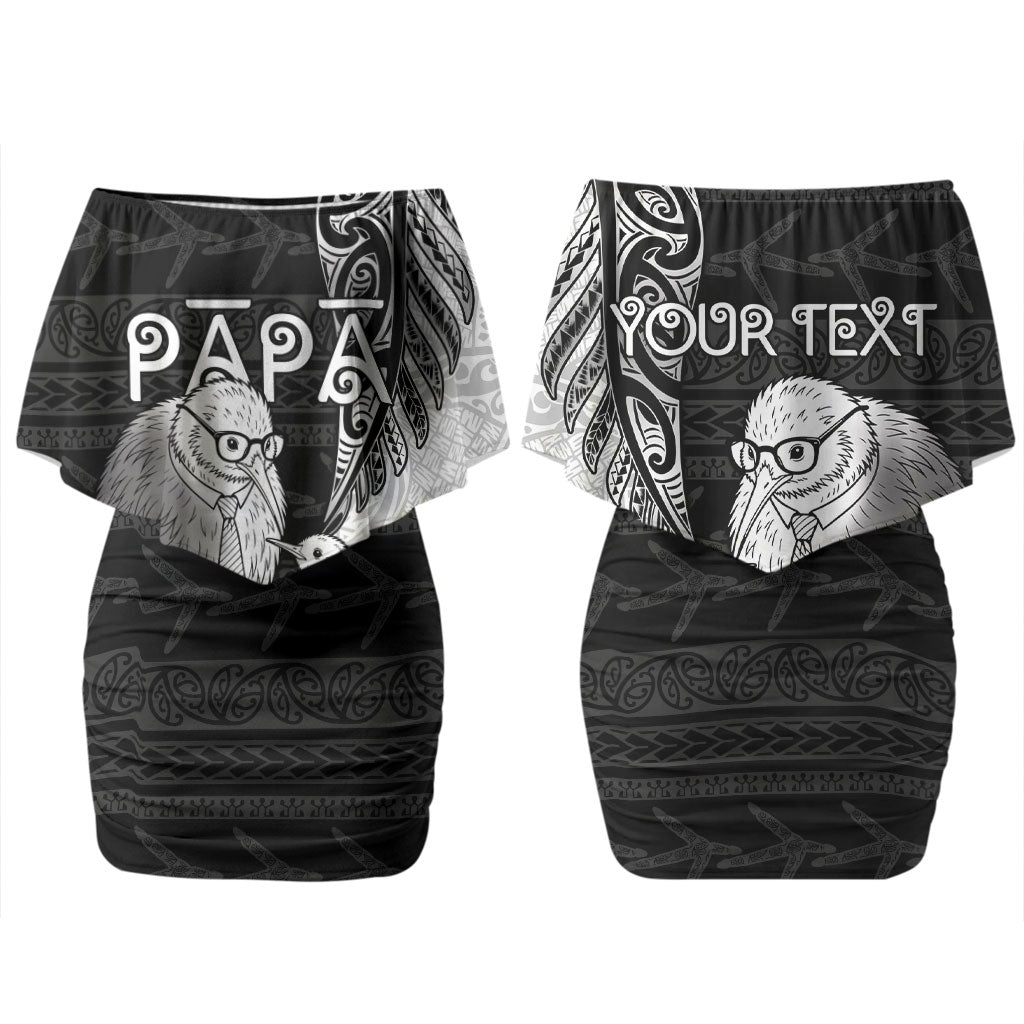 Personalised New Zealand Father's Day Family Matching Off Shoulder Short Dress and Hawaiian Shirt Papa Kiwi Bird Tribal Pattern DT05 Mom's Dress Black - Polynesian Pride