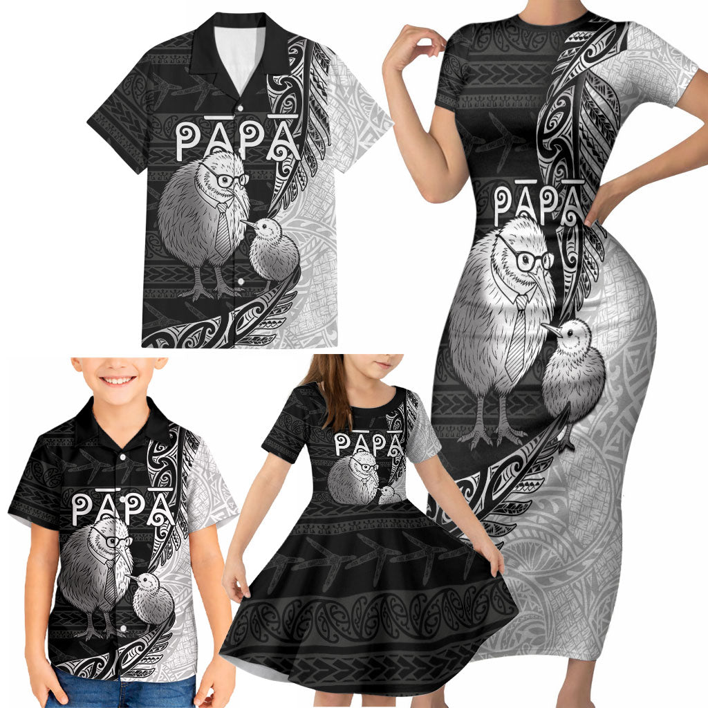 Personalised New Zealand Father's Day Family Matching Short Sleeve Bodycon Dress and Hawaiian Shirt Papa Kiwi Bird Tribal Pattern DT05 - Polynesian Pride