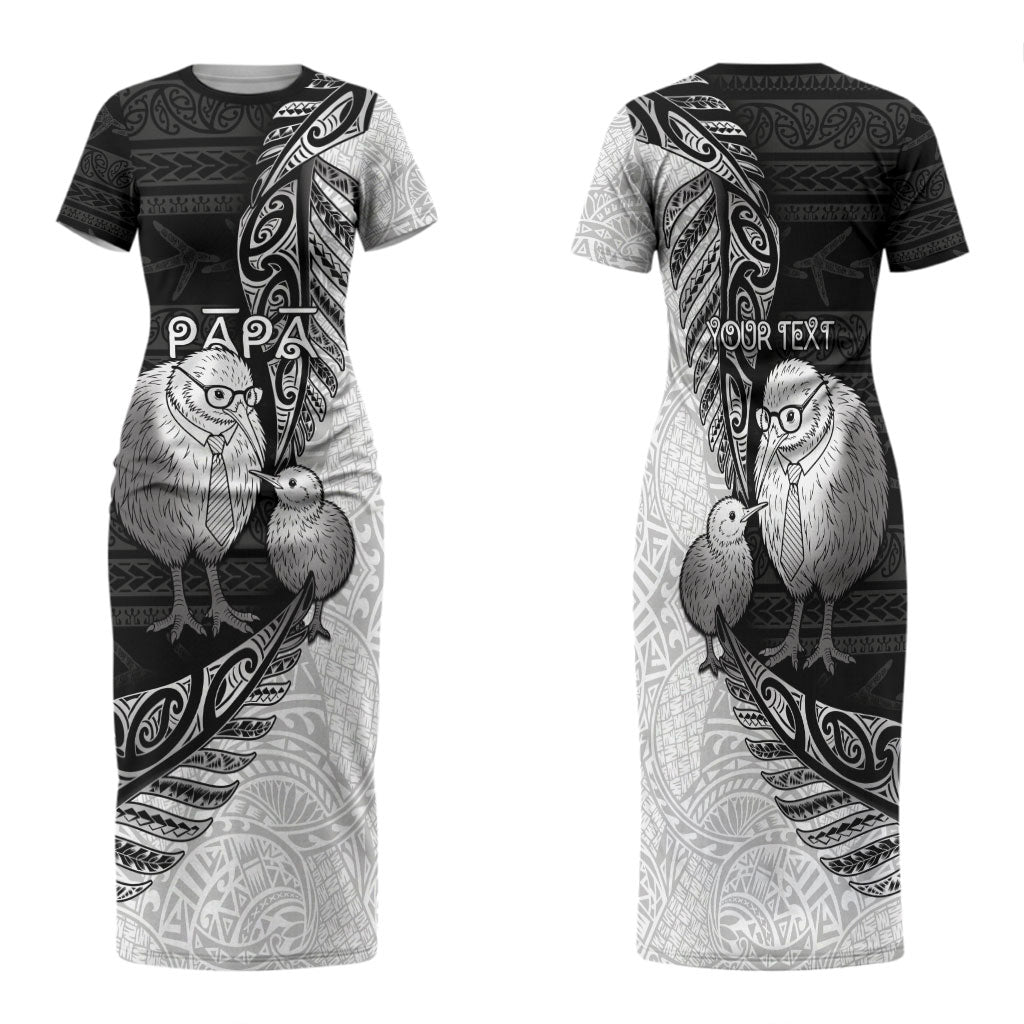 Personalised New Zealand Father's Day Family Matching Short Sleeve Bodycon Dress and Hawaiian Shirt Papa Kiwi Bird Tribal Pattern DT05 Mom's Dress Black - Polynesian Pride
