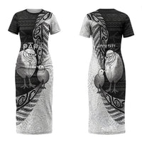 Personalised New Zealand Father's Day Family Matching Short Sleeve Bodycon Dress and Hawaiian Shirt Papa Kiwi Bird Tribal Pattern DT05 Mom's Dress Black - Polynesian Pride