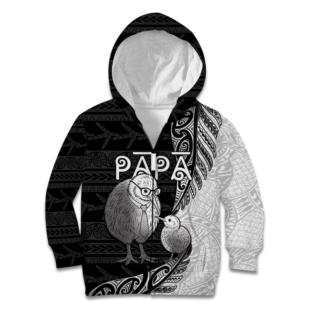 Personalised New Zealand Father's Day Kid Hoodie Papa Kiwi Bird Tribal Pattern DT05 Zip Hoodie Black - Polynesian Pride