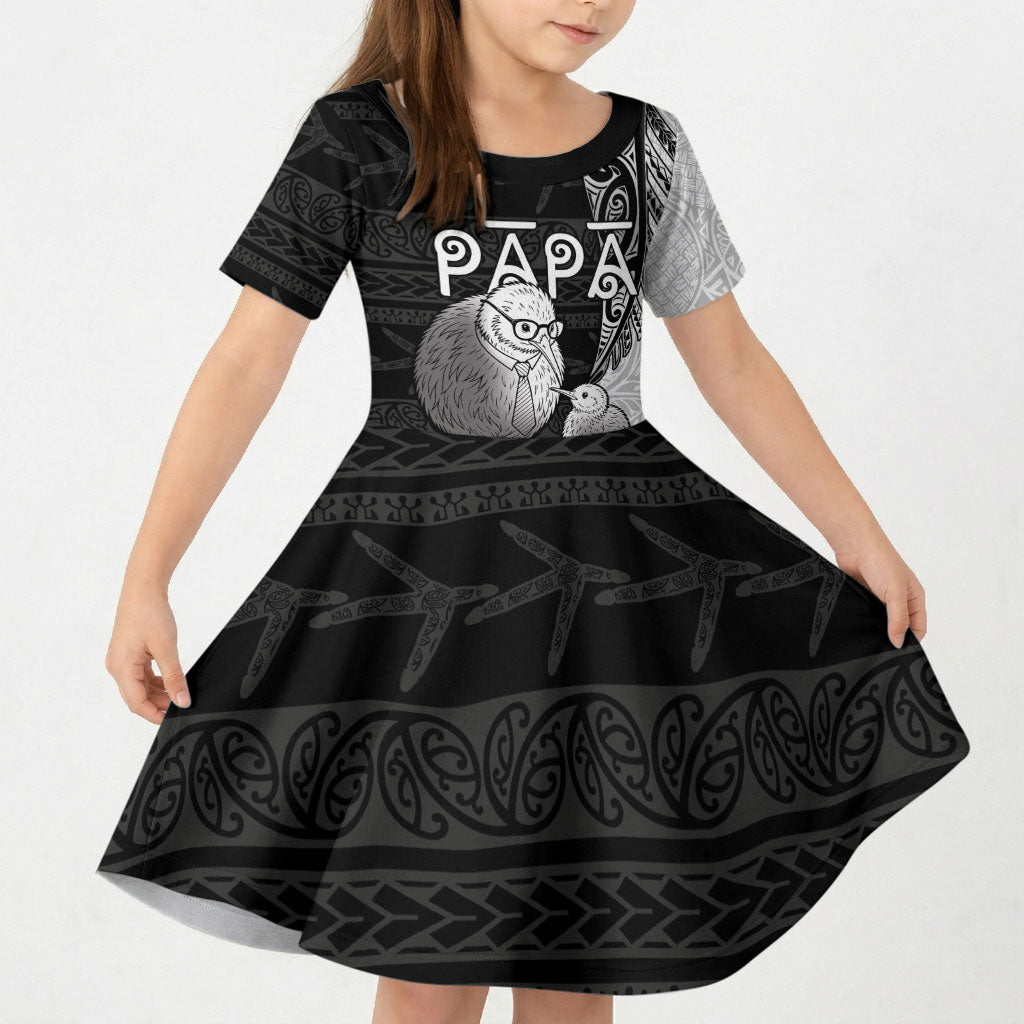 Personalised New Zealand Father's Day Kid Short Sleeve Dress Papa Kiwi Bird Tribal Pattern DT05 KID Black - Polynesian Pride