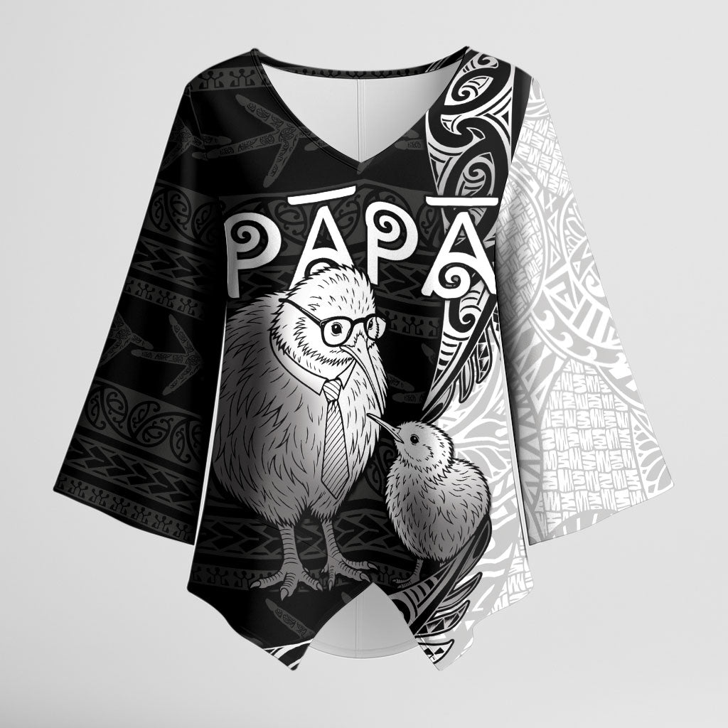 Personalised New Zealand Father's Day Kimono Sleeve Blouse Papa Kiwi Bird Tribal Pattern DT05 Female Black - Polynesian Pride