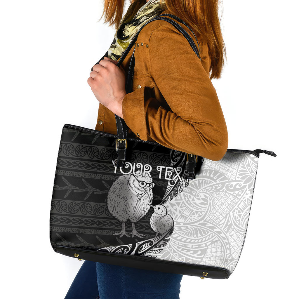 Personalised New Zealand Father's Day Leather Tote Bag Papa Kiwi Bird Tribal Pattern DT05 Black - Polynesian Pride
