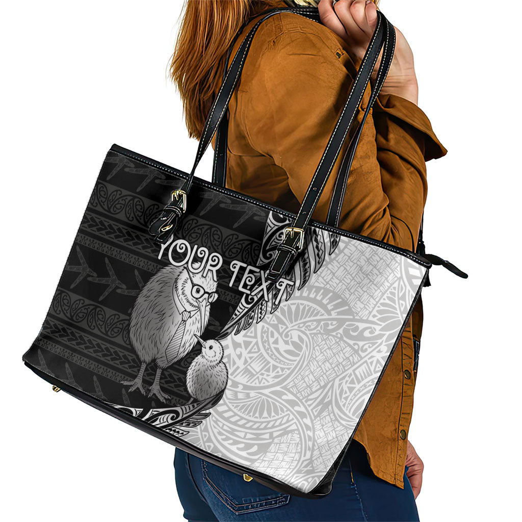Personalised New Zealand Father's Day Leather Tote Bag Papa Kiwi Bird Tribal Pattern DT05 - Polynesian Pride