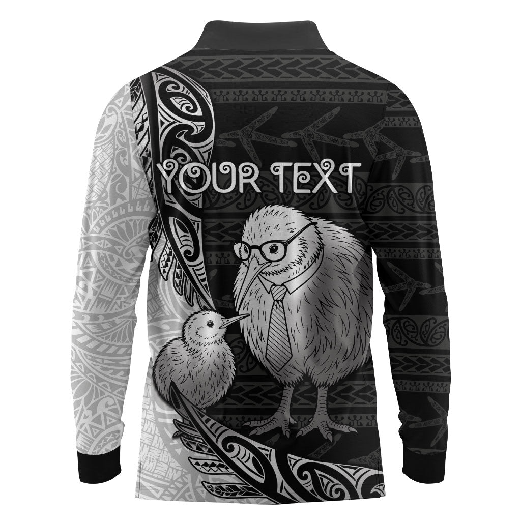Personalised New Zealand Father's Day Long Sleeve Polo Shirt Papa Kiwi Bird Tribal Pattern DT05 - Polynesian Pride