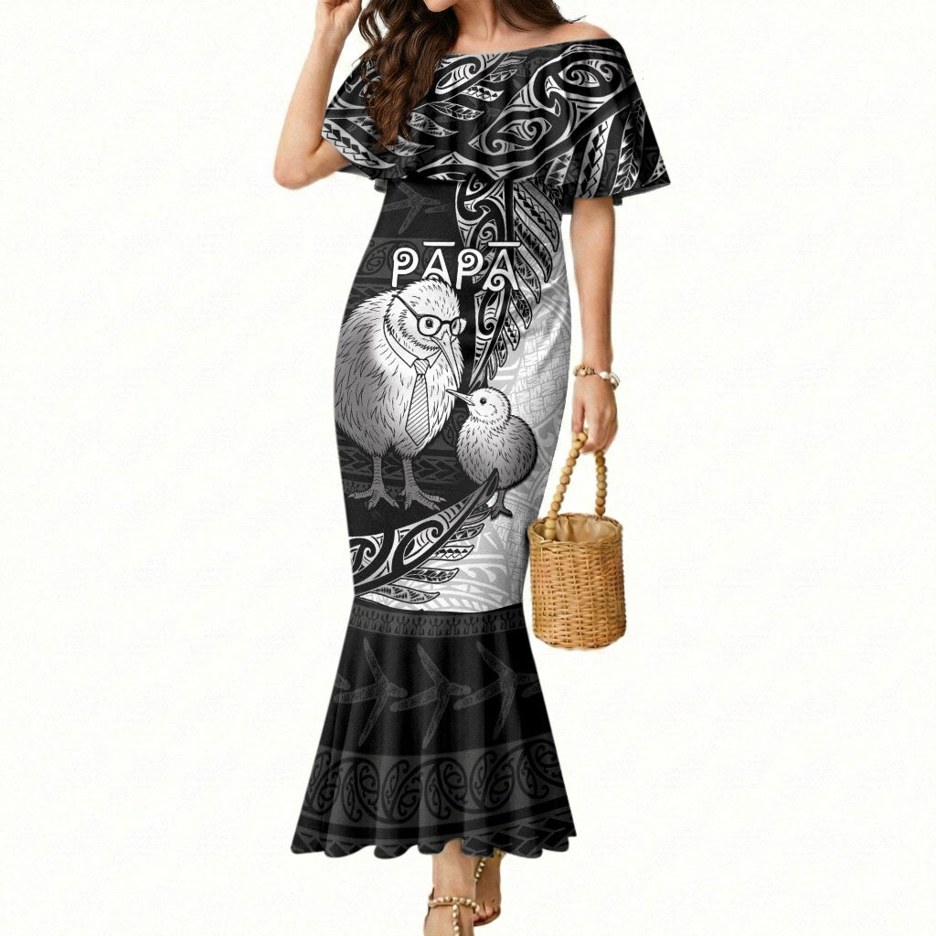 Personalised New Zealand Father's Day Mermaid Dress Papa Kiwi Bird Tribal Pattern DT05 Women Black - Polynesian Pride