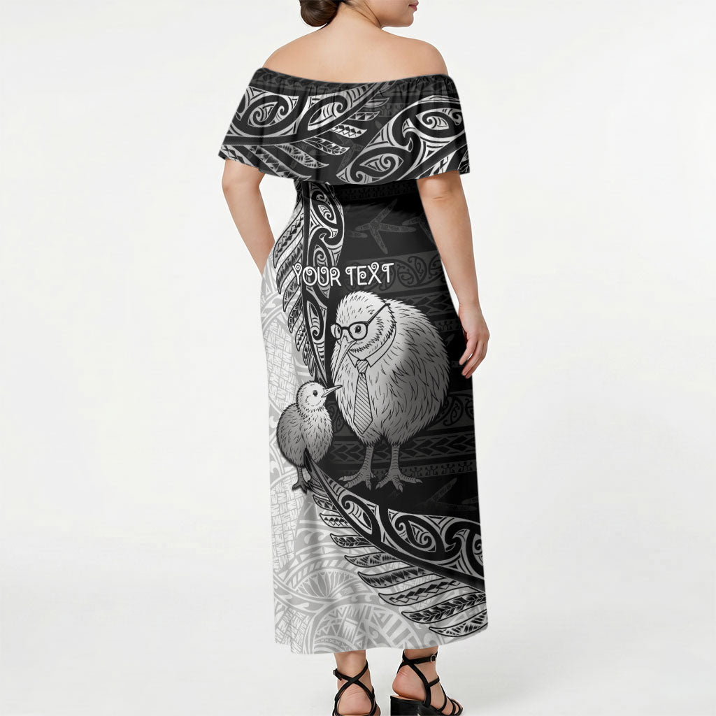 Personalised New Zealand Father's Day Off Shoulder Maxi Dress Papa Kiwi Bird Tribal Pattern DT05 - Polynesian Pride