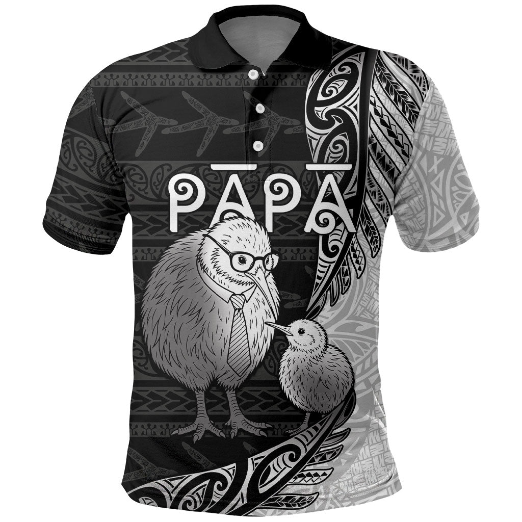Personalised New Zealand Father's Day Polo Shirt Papa Kiwi Bird Tribal Pattern DT05 Black - Polynesian Pride
