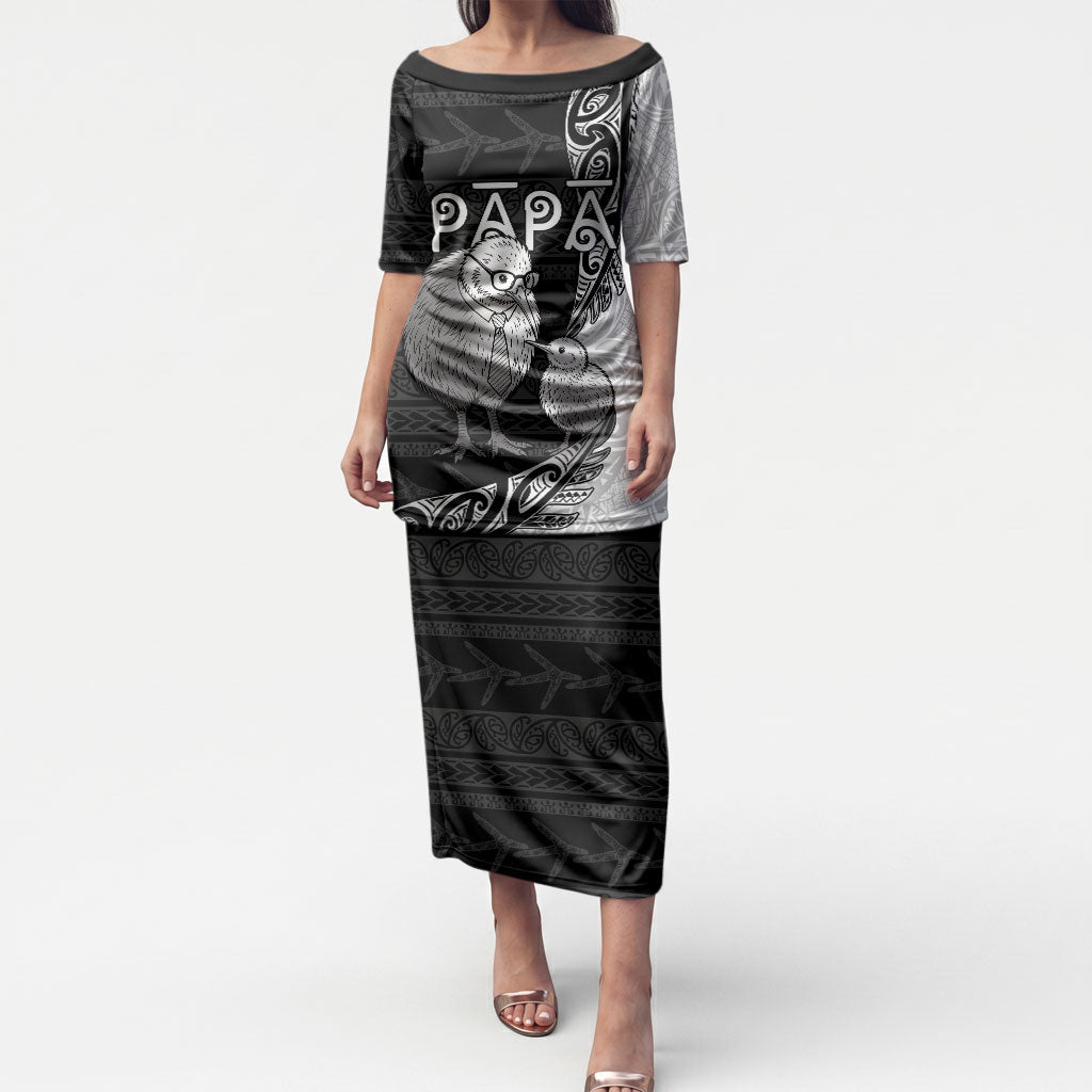 Personalised New Zealand Father's Day Puletasi Papa Kiwi Bird Tribal Pattern DT05 Long Dress Black - Polynesian Pride